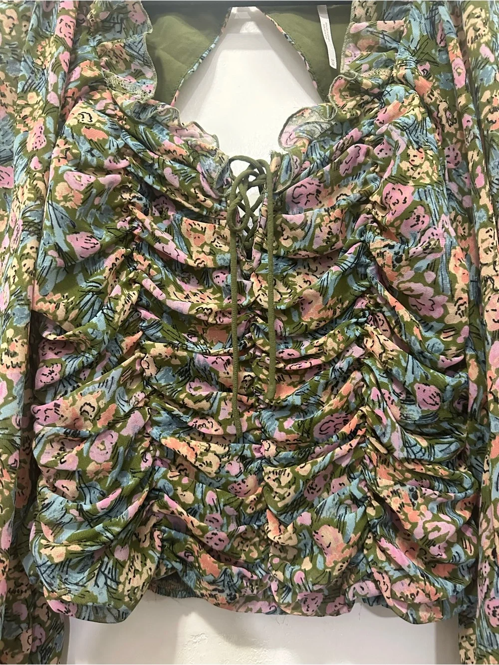 Free People Mabel Olive Green Floral Garden Print Ruched Peasant Blouse Sz M
